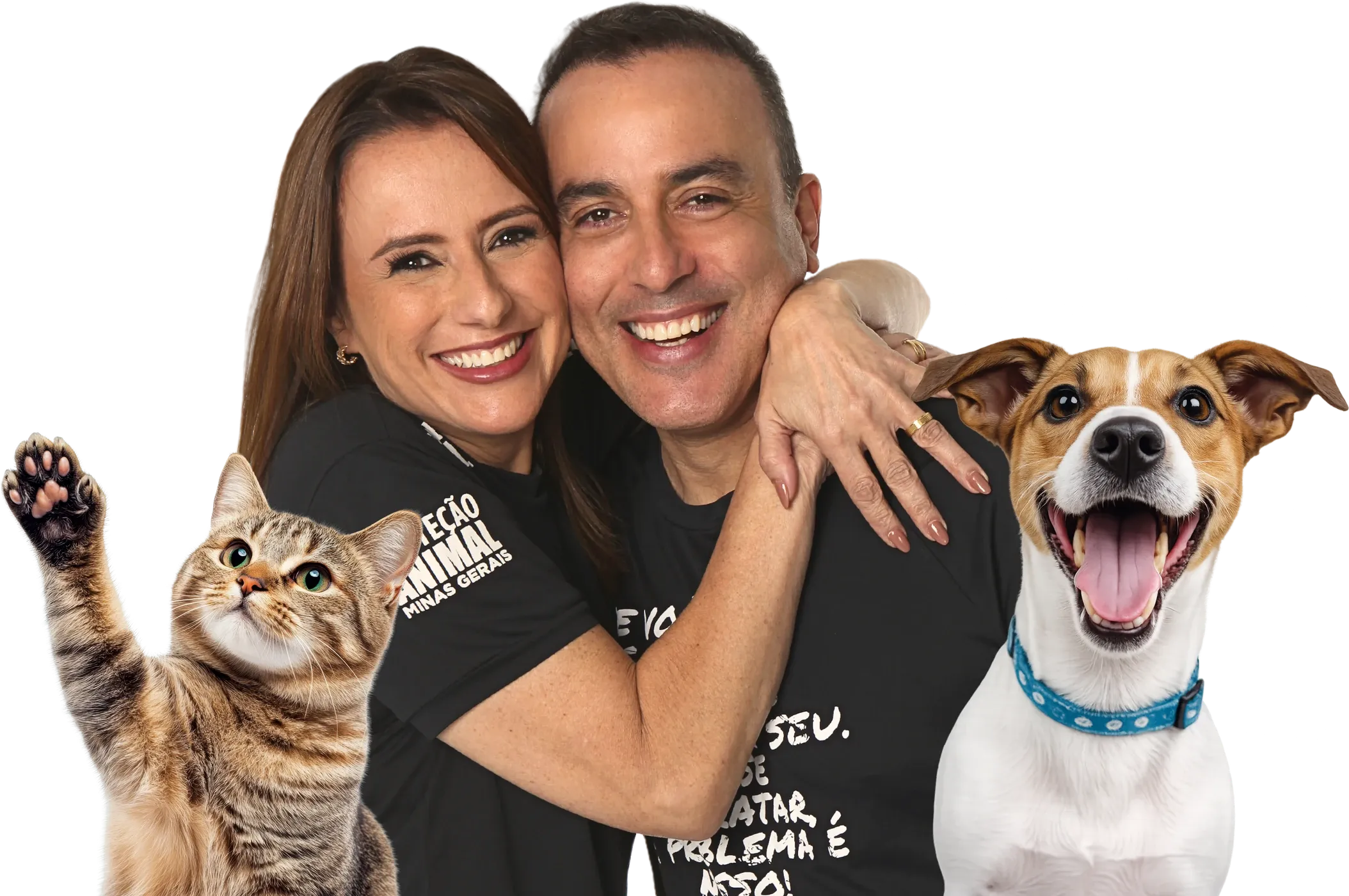Kátia Dias e Noraldino Jr. abraçados, com um cachorro e um gato ao lado