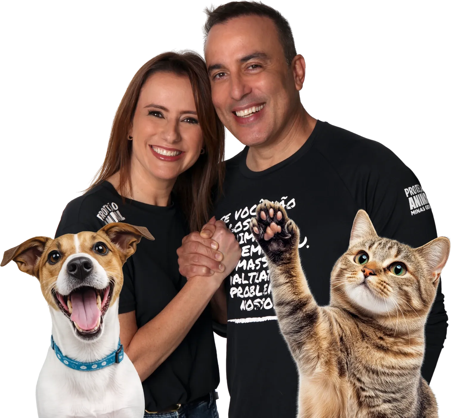 Kátia Dias e Noraldino Jr. de mãos dadas, com um cachorro e um gato ao lado